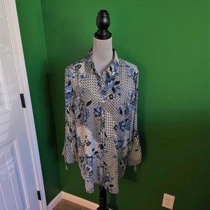 Roz & Ali Denim Blue & Gray Print Blouse - Size 2X